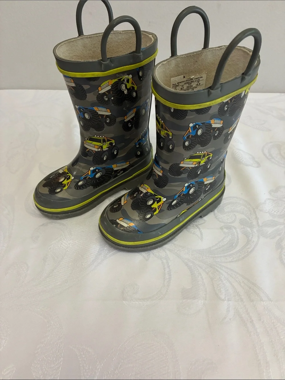Kids Monster Truck Rain Boots - Gray, Yellow, Blue